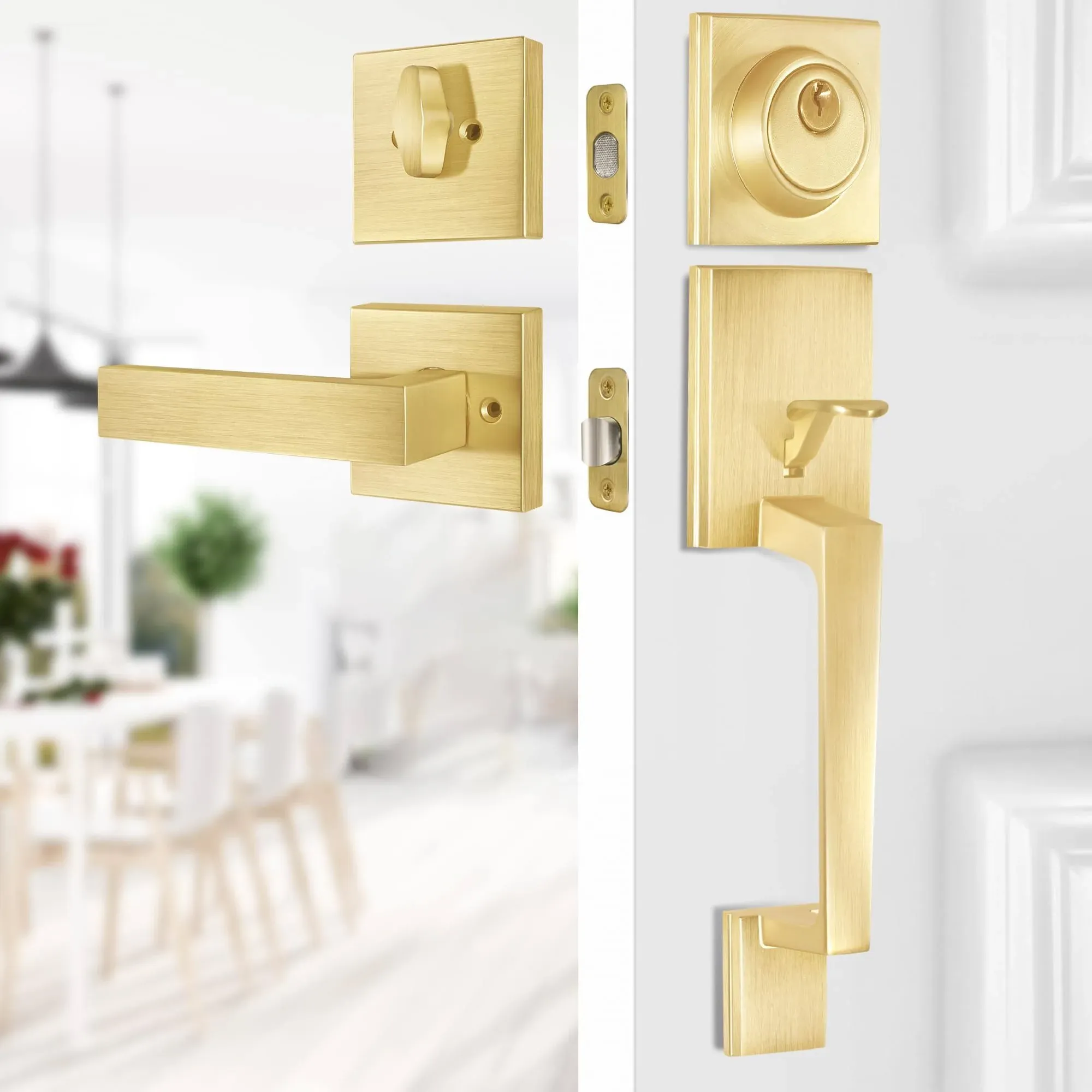 BonKuDoo Entry Front Door Handle Satin Brass Square Front Door Lock Set with ...