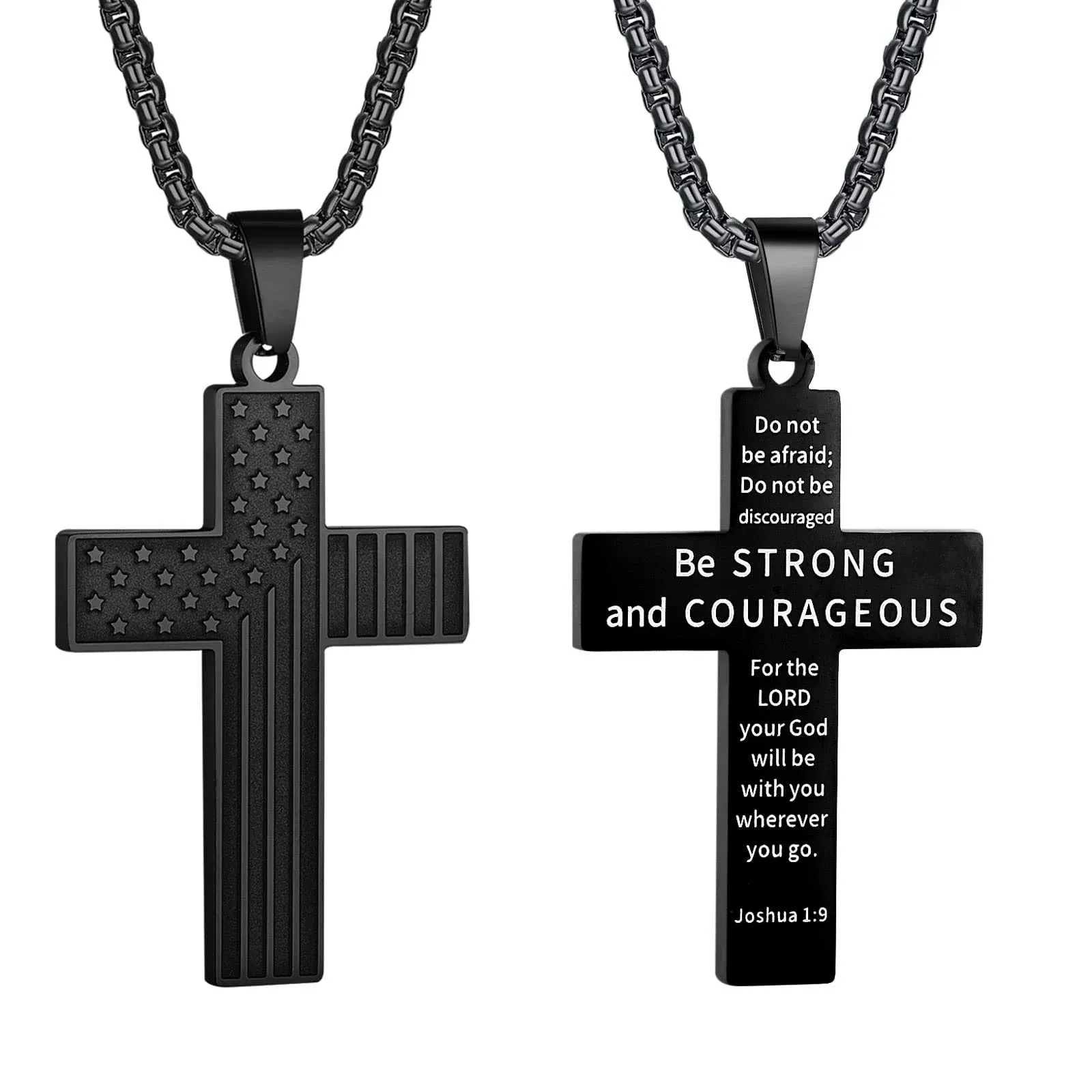 Weddinen Cross Necklace for Men Boys Bible Verse Stainless Steel American Flag Black Pendant Chain for Boys Men, Men's, Size: 18