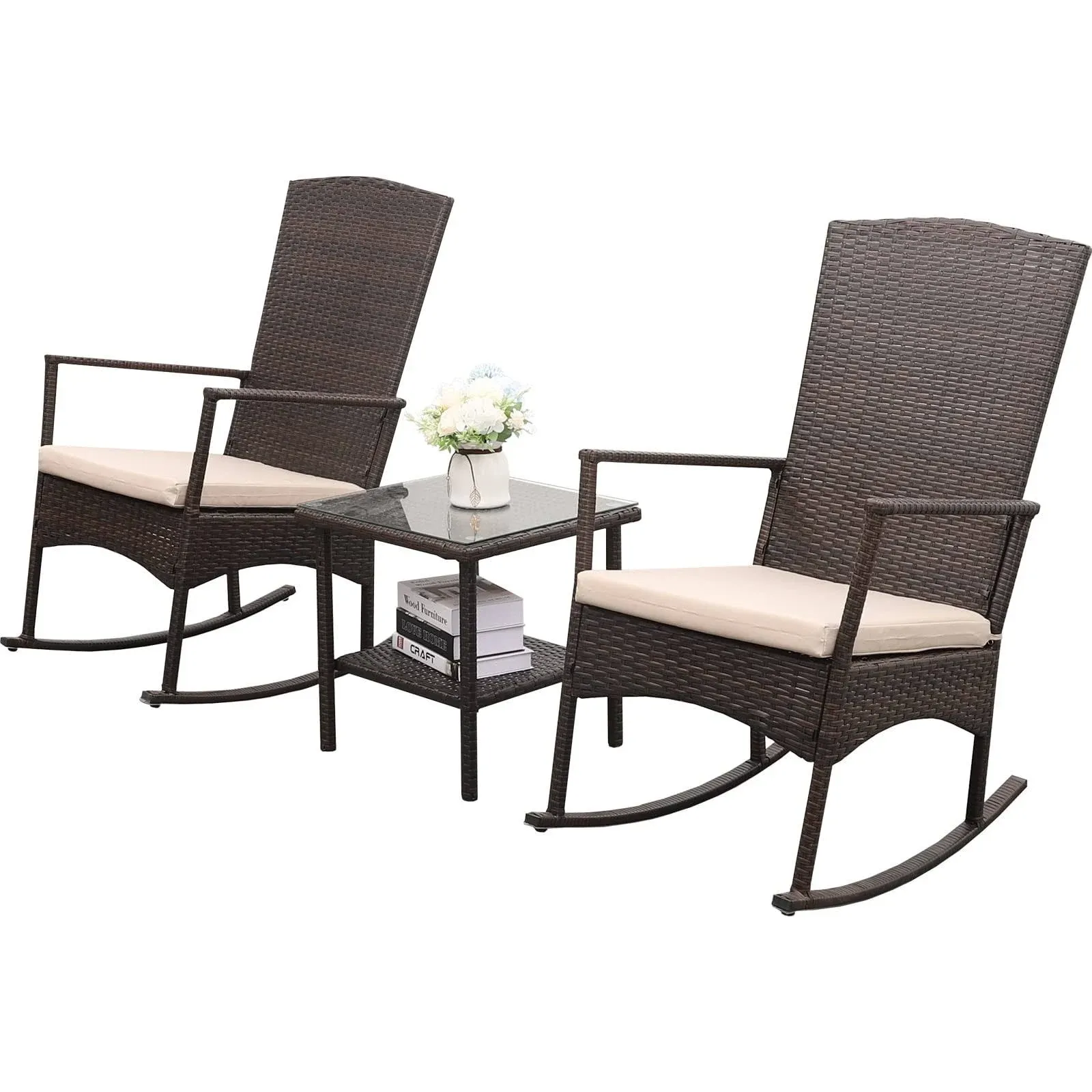 Outdoor PE Wicker Rocking Chair 3-Piece Patio Rattan Bistro Set 2 Rocker Armchair ...