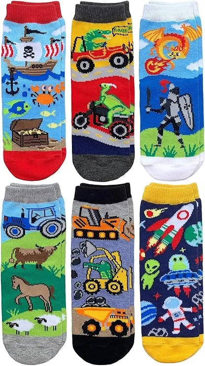 Jefferies Socks Boys' Space Pirate Dinosaur Fun Colorful Pattern Crew Socks 6 Pack