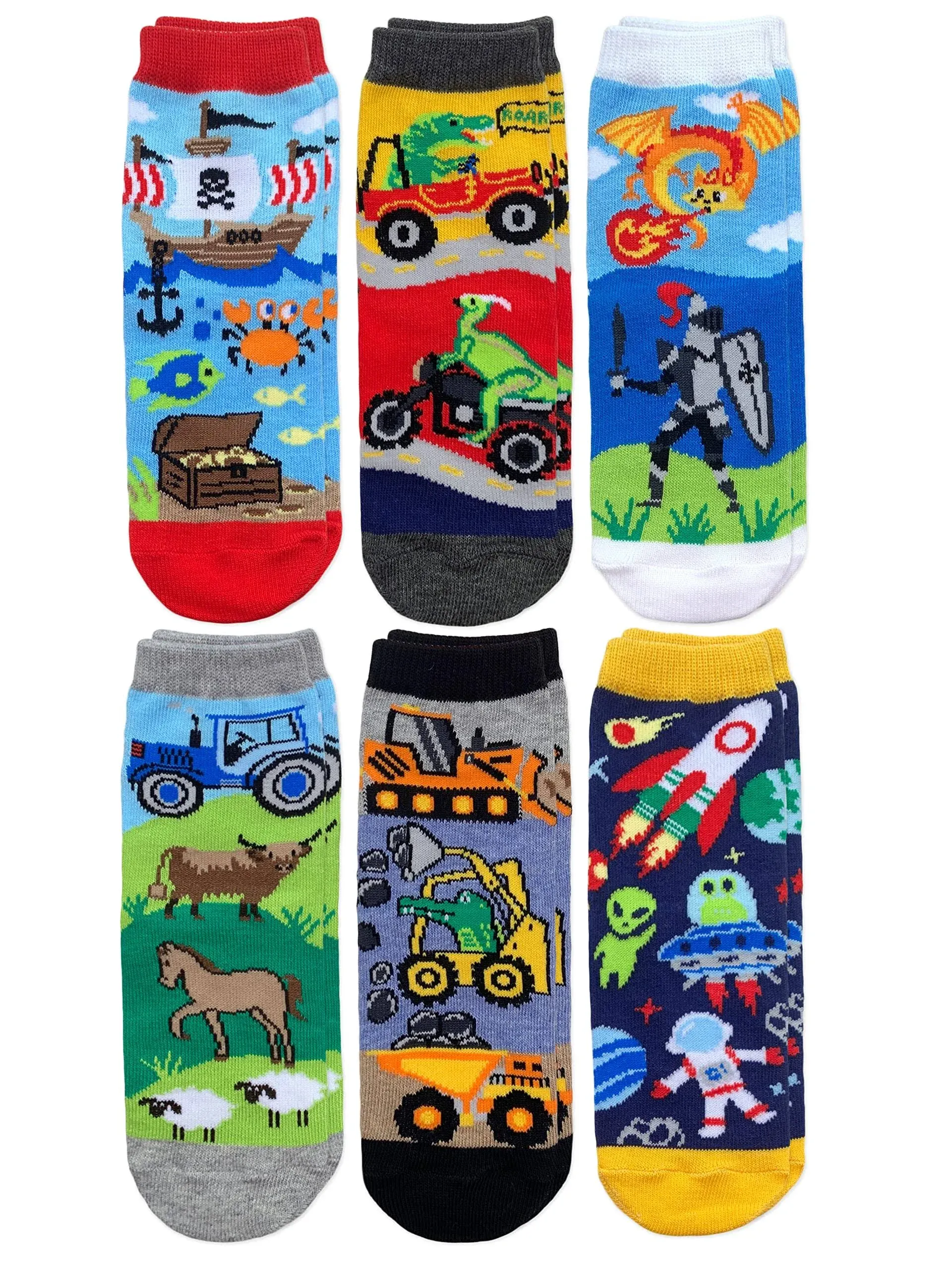 Jefferies Socks Boys' Space Pirate Dinosaur Fun Colorful Pattern Crew Socks 6 Pack