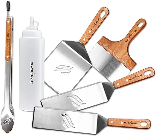 Blackstone Deluxe Spatula Griddle Kit (6-Piece) with Stainless Steel Tongs, Grill Hamburger Flipping Spatulas, BBQ Scraper, Batter Dispenser & Mixer Bottle, 5069, Grilling Tools & Accessory