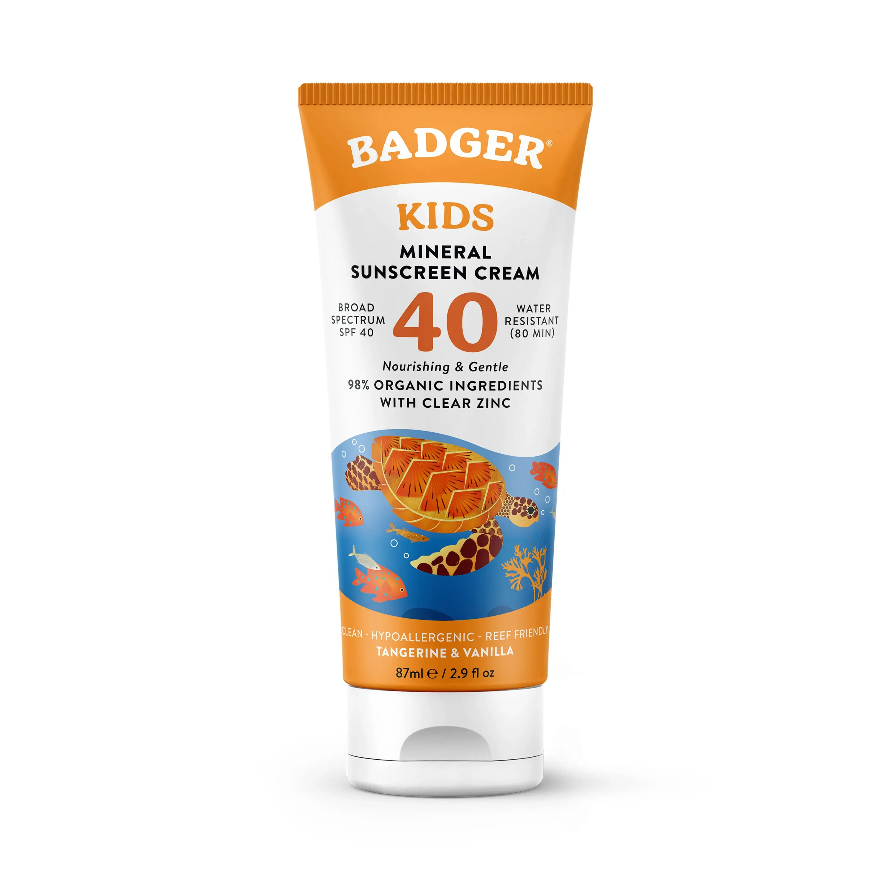 Badger Kids Mineral Sunscreen Cream, Tangerine & Vanilla, Broad Spectrum SPF 40 - 87 ml