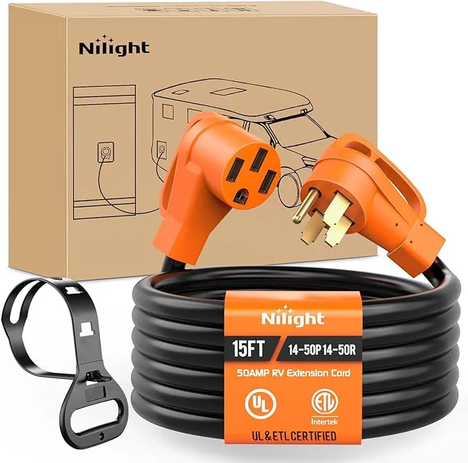 Nilight 50 Amp15FT RV EV Extension Cord 250V Heavy Duty 6/3+8/1 Gauge Pure Copper STW Wire UL ETL Listed 4 Prong 14-50P 14-50R 50F/50M Cable Suit