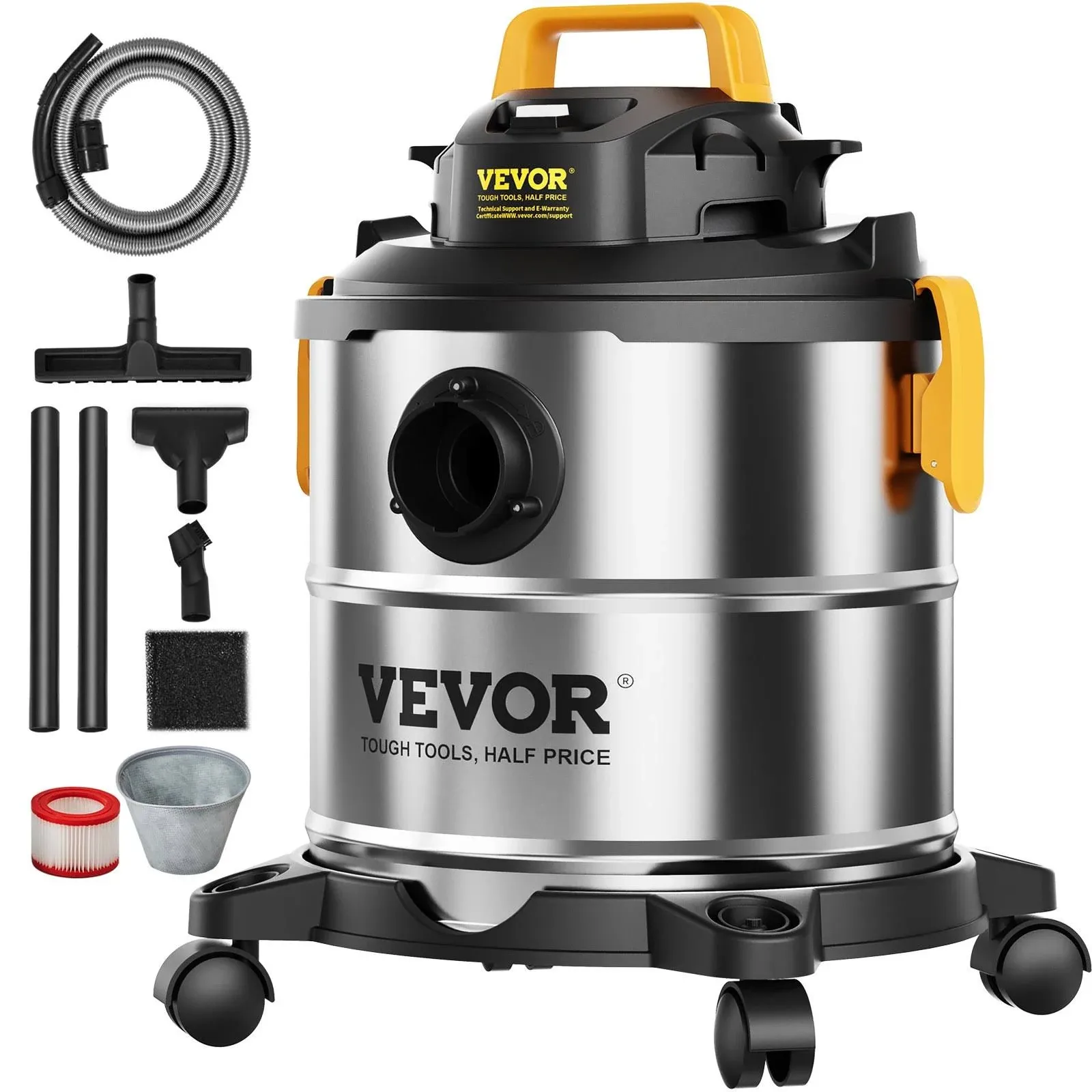 VEVOR Stainless Steel Wet Dry Shop Vacuum, 8 Gallon 6 Peak HP Wet/Dry Vac, Power