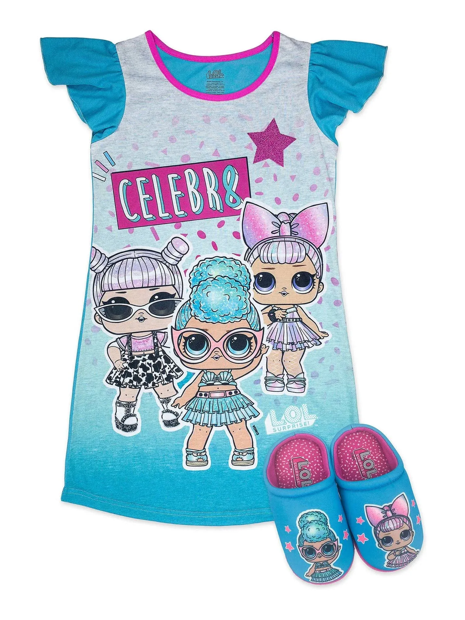 L.O.L Surprise! Girls Dorm Shirt with Slippers, Sizes 4-12, Girl's, Size: 6-6X, Blue