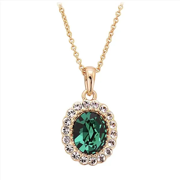 Gold Plated Oval Shaped Emerald Green Swarovski Elements Crystal CZ Pendant Necklace Fashion Jewelry for Women & Girls