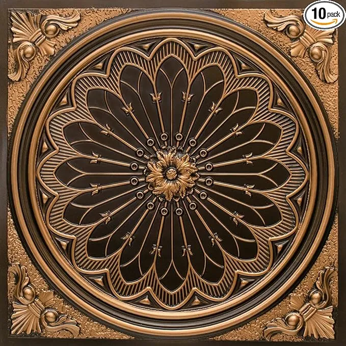 Rose Window Faux Tin/ PVC 24-in x 24-in 10-Pack Antique Copper Textured Drop Ceiling Tile, 10PK