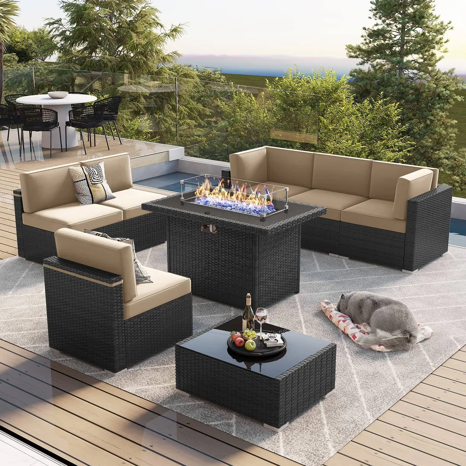 LayinSun 8 Piece Patio Furniture Set with 44" Propane GAS Fire Pit Table, Outdoor ...