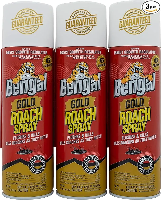 Bengal Gold Roach Spray, Odorless Stain-Free Dry Aerosol Killer Spray with Insect Growth Regulator, 3-Count, 11 Oz. Aerosol Cans