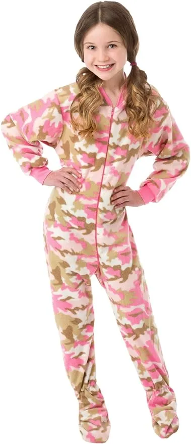 BIG FEET PAJAMA CO. Pink Camo One Piece Girls Youth Kids Footed Onesie Fleece Footie Pajamas