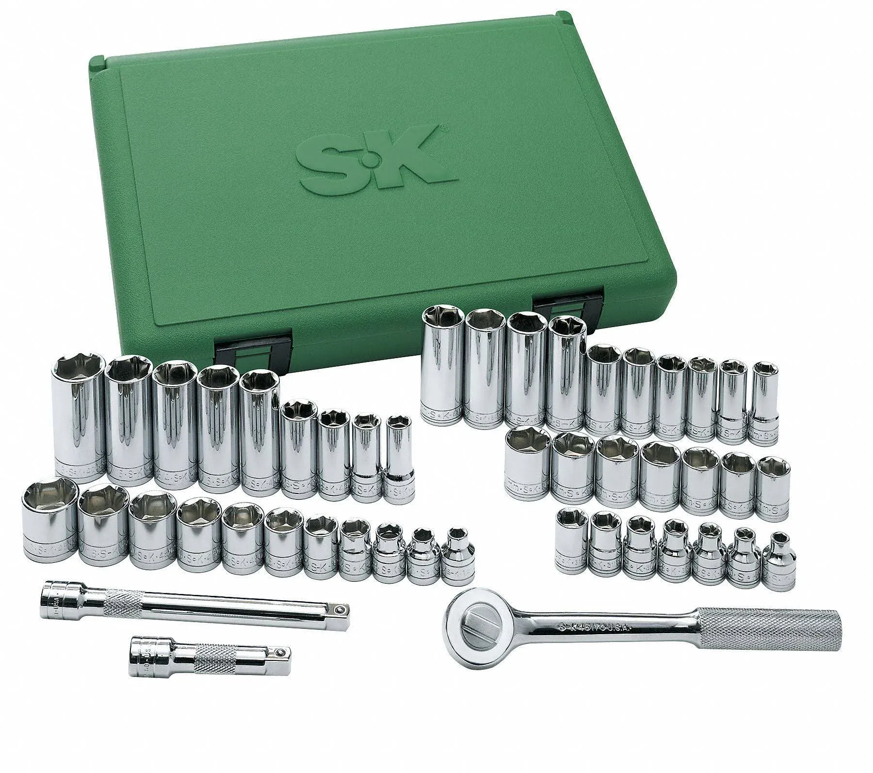 SK Tools USA, LLC, 94549, SK Sockets Sets, Professional Chrome Socket Set, Fractional & Metric, 3/8 Drive, SuperKrome Finish, 49 Piece