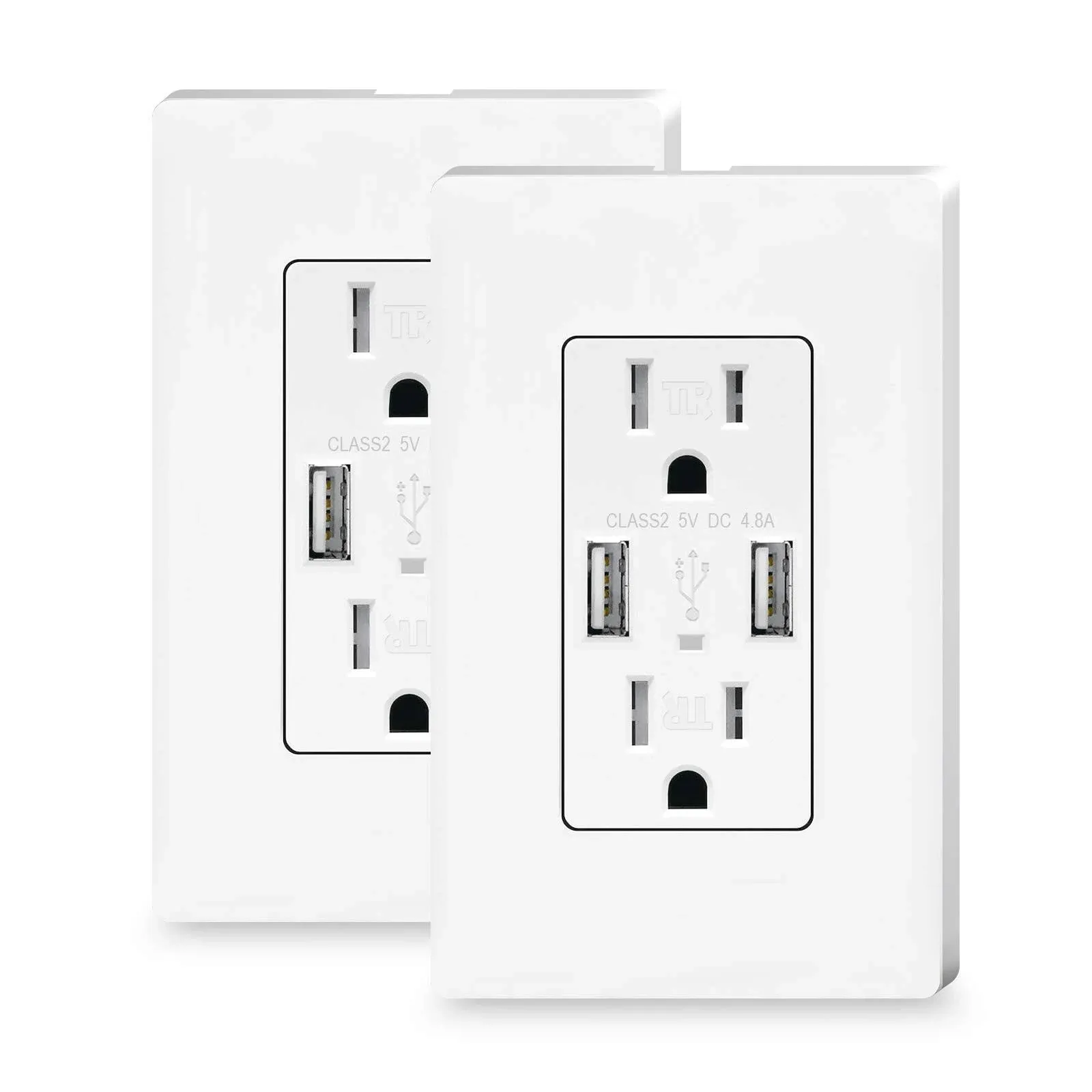 2Pack USB Wall Outlet, Receptacle Outlet with 4.8A Charging Capacity, 15A Tamper Resistant Electrical Socket, Screwless Wall Plate Included, UL & FCC Approved, White