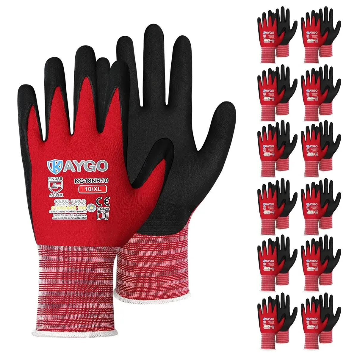 KAYGO Safety Work Gloves MicroFoam Nitrile Coated-12 Pairs, KG18NB,Seamless Knit Nylon Glove with Black Micro-Foam Nitrile Grip,Ideal for General Purpose,Automotive,Home Improvement