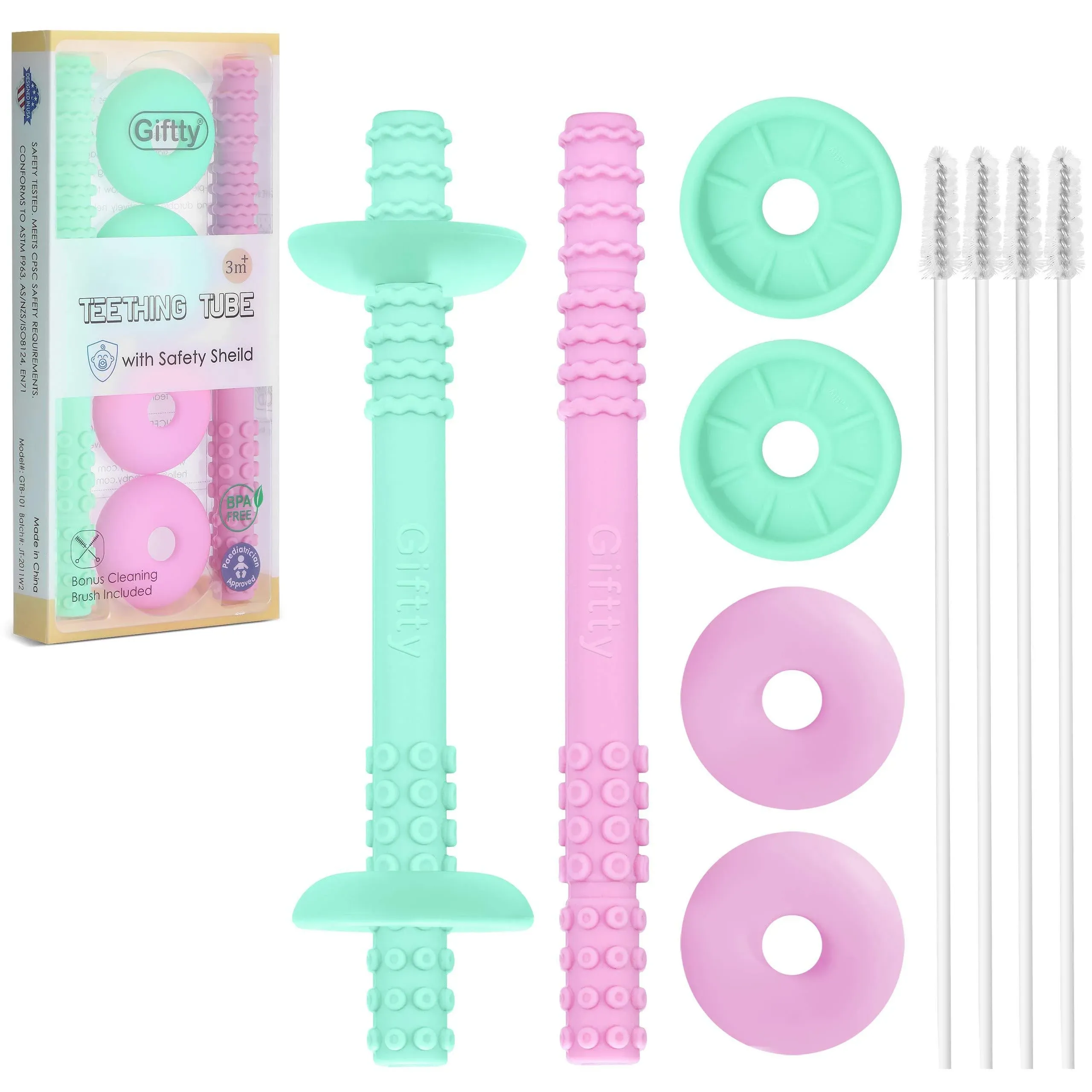 Teething Tube with Safety Shield Baby Hollow Teether Sensory Toys Gum Massager ...