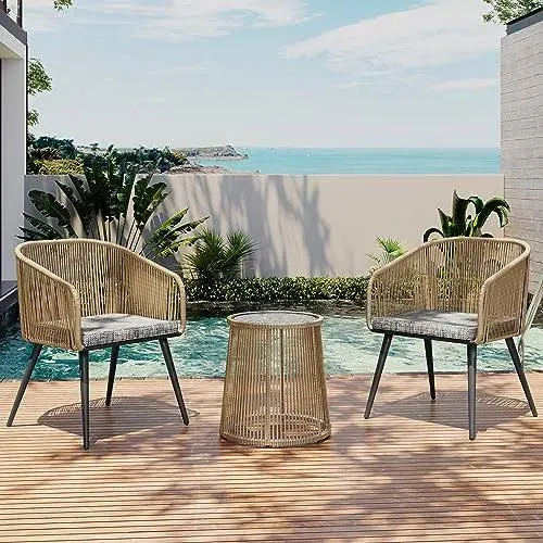 EAST OAK Breezeway 3-Piece Patio Bistro Set, Patio Chairs Bistro Set with 2 Wide Ergonomic Chairs, Cushions & Glass Top Side Table, Outdoor All-Weather Wicker Furniture for Balcony, Brown & Grey