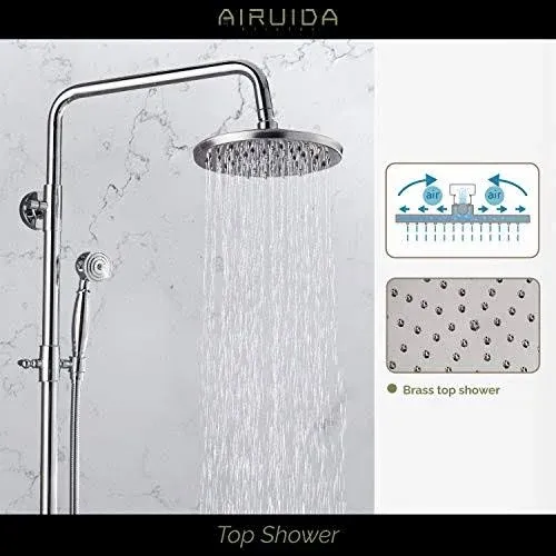 Airuida Antique Brass Exposed Pipe Shower System Shower Fixture Single handle 8 Inch Rainfall Shower Head Shower Faucet Adjustable Shower Head Bar Modern Dual Functions Combo Unit Set