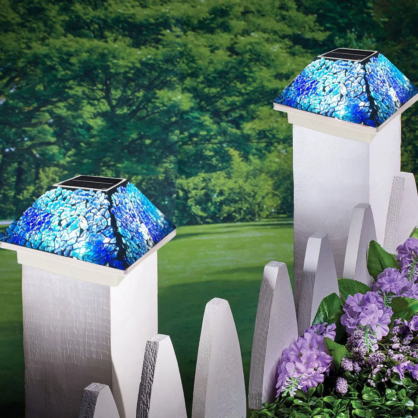 2PK Mosaic Solar Post Cap Lights Outdoor for 4x4, 3.5x3.5 Post Cyan Blue