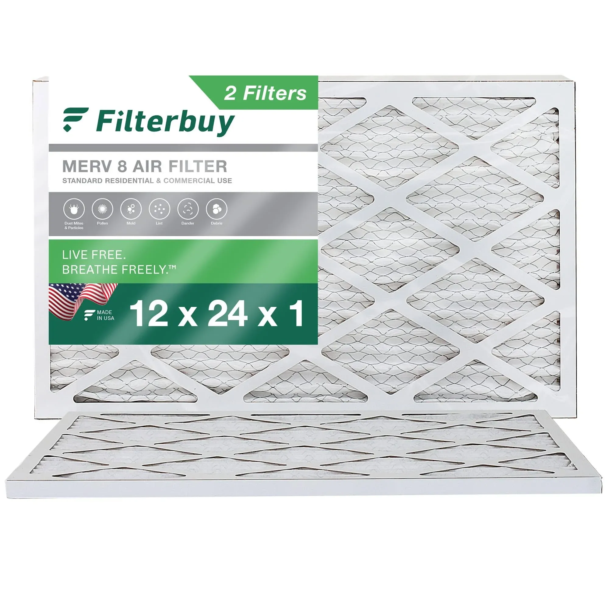 Filterbuy 12x24x1 Air Filter MERV 8 Dust Defense (2-Pack), Pleated HVAC AC Furnace Air Filters Replacement (Actual Size: 11.38 x 23.38 x 0.75 inches)