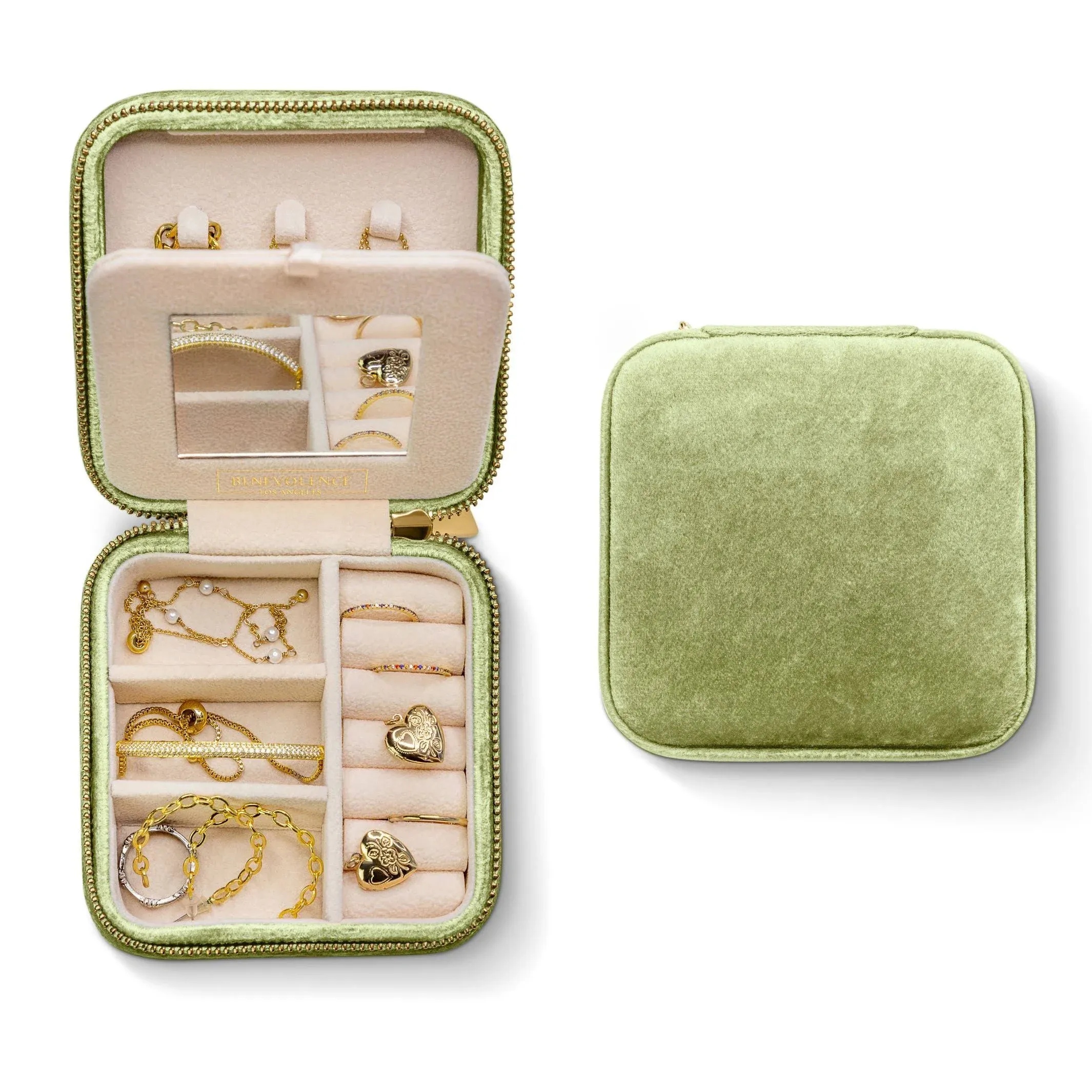 Benevolence La Plush Velvet Square Travel Jewelry Box with Mirror- Mistletoe Green