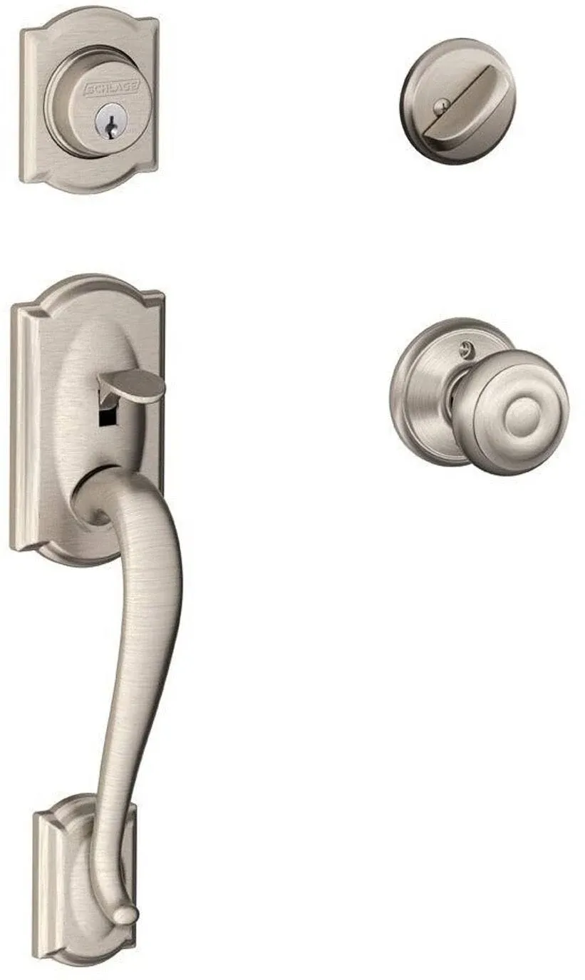 Schlage Single Cylinder Camelot Handleset and Georgian Knob - Satin Nickel