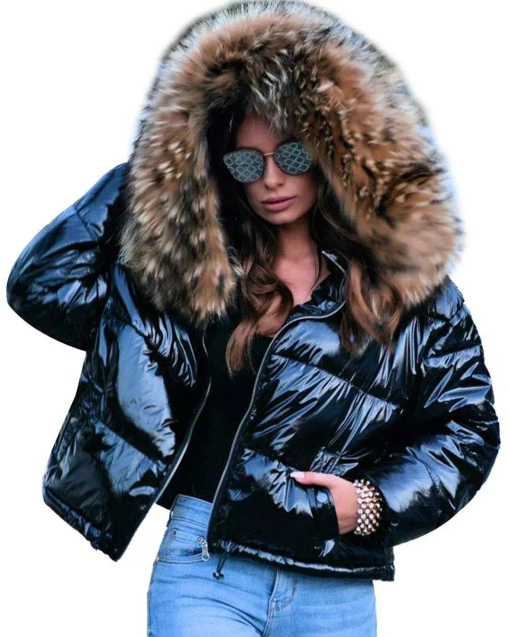 Roiii Women Winter Warm Down Jacket Thick Slim Flash Coat Down Outdoor Hood Parka Short Slim Jacket Black