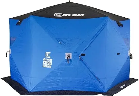 CLAM Lightweight Portable Pop Up Ice Fishing Angler Thermal Hub Shelter Tent with Anchors, Tie Ropes, and Carrying Bag