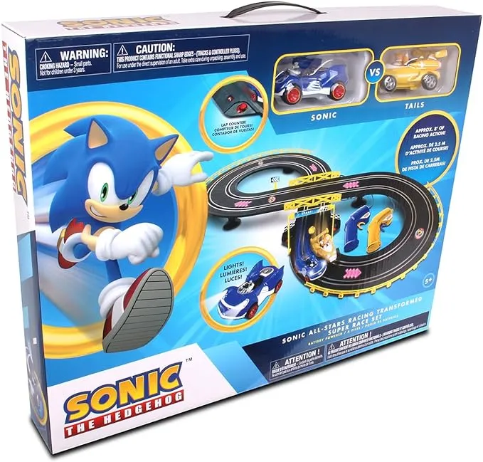 NKOK Sonic & Tails RC Slot Car Set Race Set Vehículo Negro, Coches Rase on Figure-8 Track, cuenta con un contador de vuelta, artículo perfecto para niños, a partir de 5 años