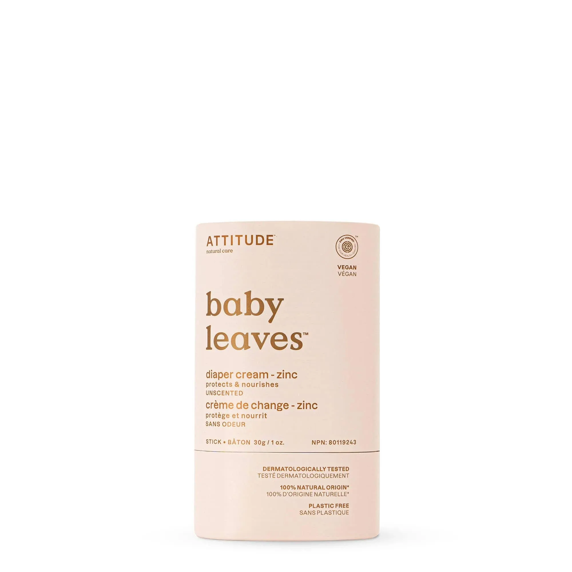 ATTITUDE Baby Leaves Diaper Cream Zinc Balm Unscented 1 Oz