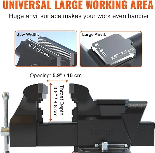 VEVOR Bench Vise, 6-inch Jaw Width 5.9-inch Jaw Opening, 360-Degree Swivel Locking Base Multipurpose Vise w/Anvil, Heavy Duty Ductile Iron Workbench Vise w/Bolts & Nuts, for Drilling, Pipe Cutting