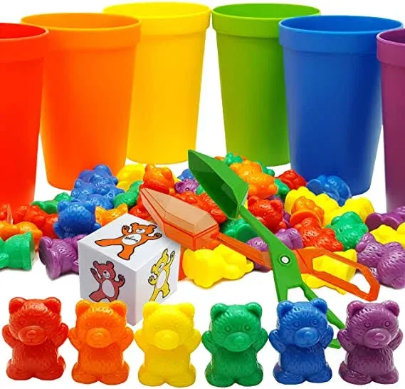 Skoolzy Rainbow Counting Bears with Matching Sorting Cups, Bear Counters and Dice