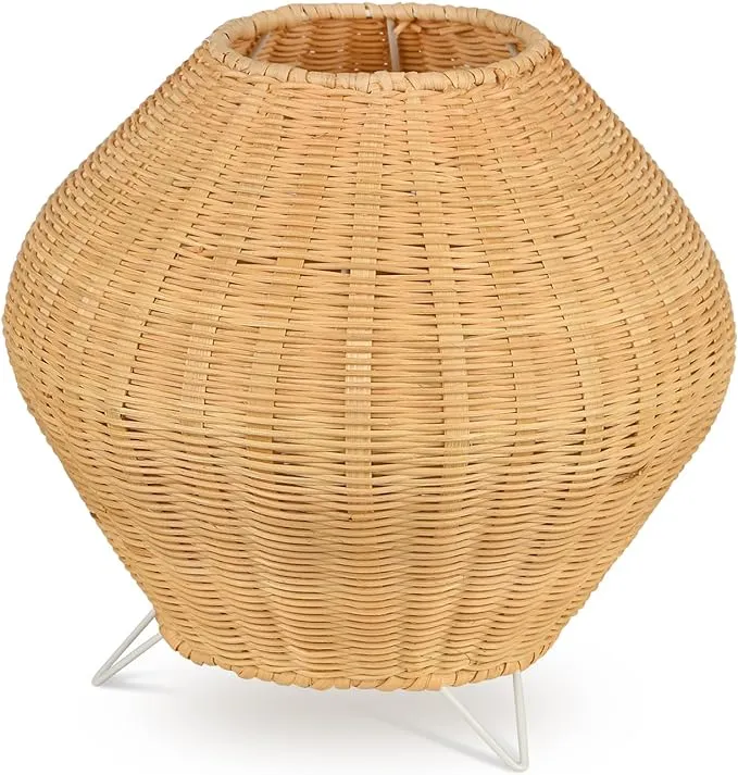 Hodevimall Rattan Table Lamp Boho Hand-Woven Nightstand Wicker Beige 