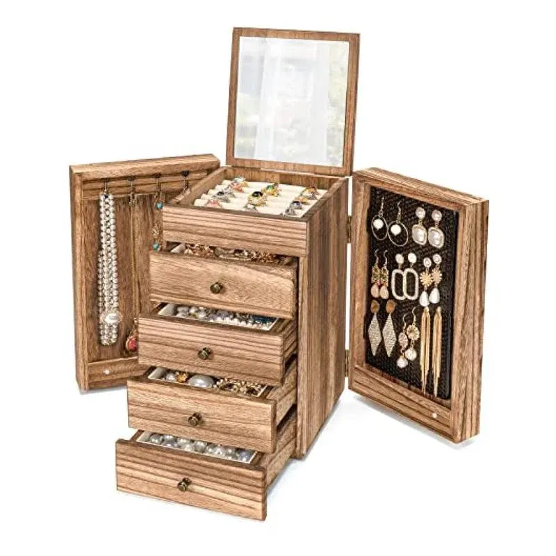 Meangood Jewelry Box Wood for Women, 5-Layer Large Organizer Box with Mirror & 4 Drawers for Rings, Earrings, Necklaces, Vintage Style Torched Wood