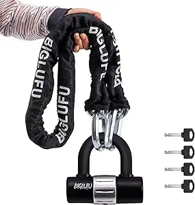 Motorcycle Chain Locks, BIGLUFU 3.3ft/100cm Heavy Duty Long Security Chain, Cut Proof 0.39 inch/10mm Thick Square Chains with 0.63inch/16mm U Lock, Bike Chain Locks for Motorbike, Scooter, Moped