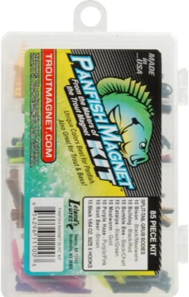 Trout Magnet 85 Piece Panfish Magnet Kit, with A Longer Shad Dart Hook, Includes 70 Split Tail Grub Bodies, 15 Black Size 8 Hooks, Catches All Types of Fish