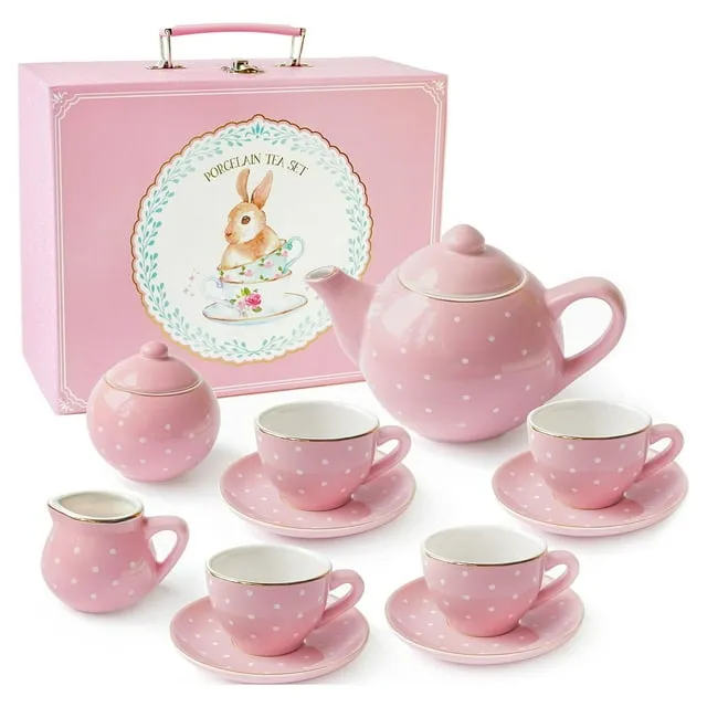 Jewelkeeper Porcelain Tea Set for Little Girls, Pink Polka Dot, 13, Pink