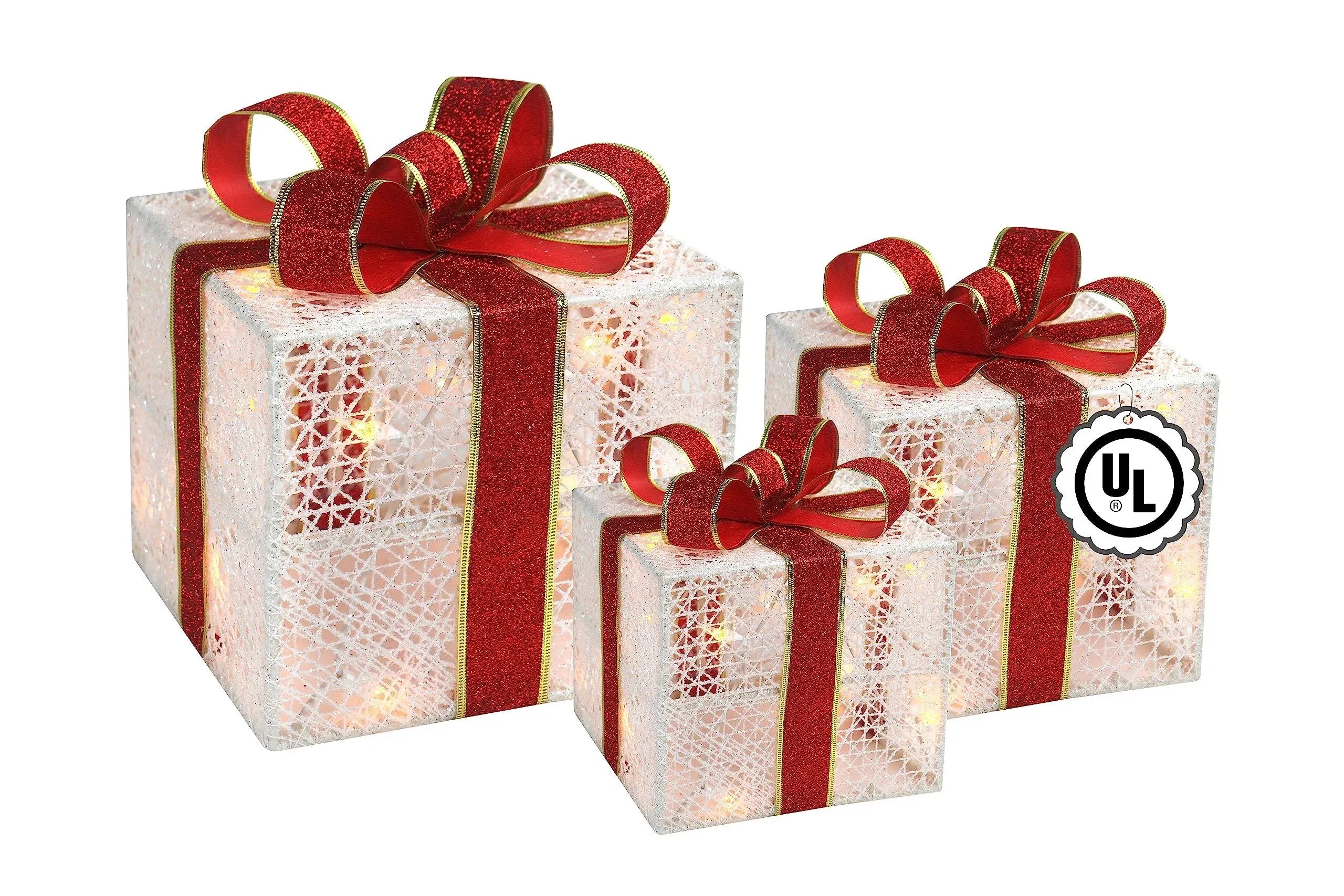 Set of 3 Lighted Gift Boxes Christmas Decoration - Pre-Lit Present with Ribbons ...