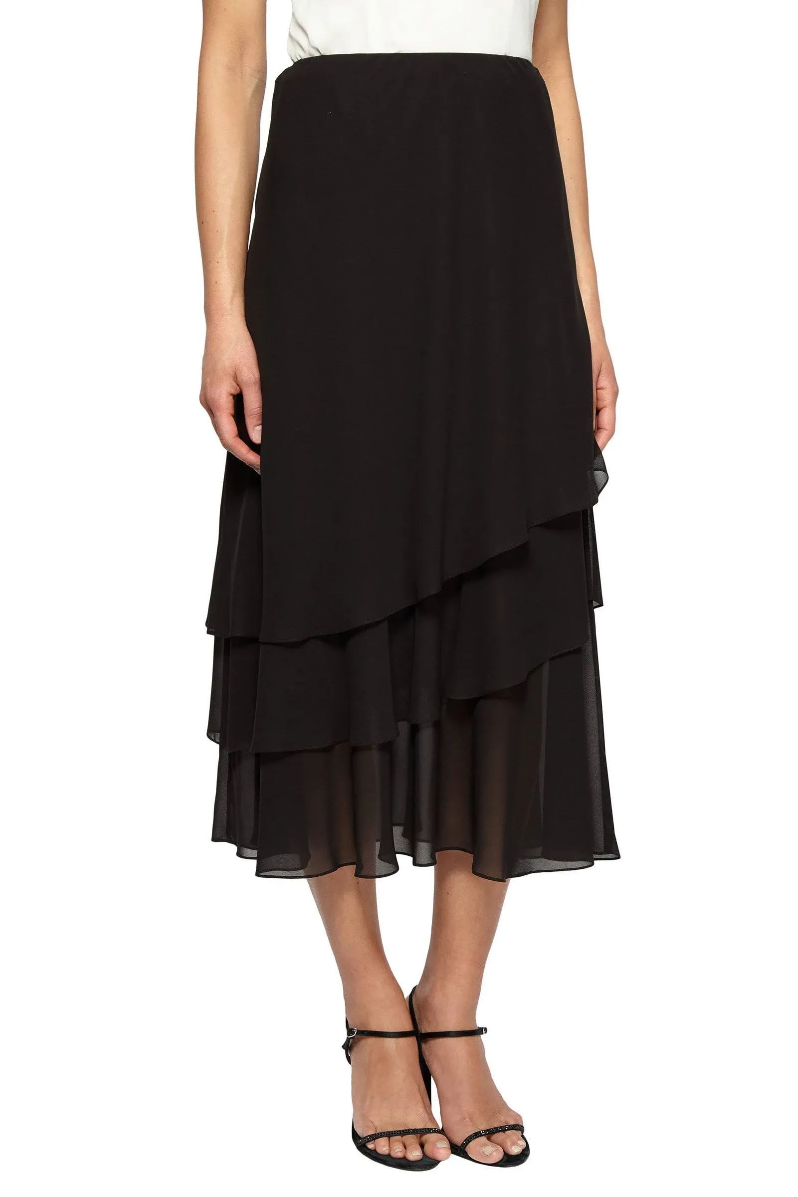 Alex Evenings Skirt, Tiered Chiffon Midi - Black L