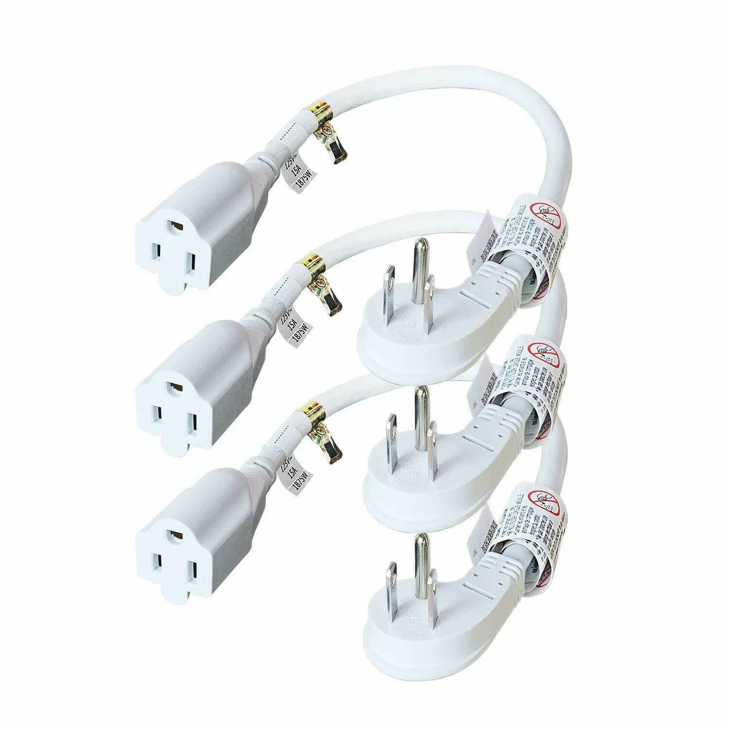 FIRMERST 1875W Flat Plug 1Ft Extension Cord 15A for Home Appliance White (3 Packs)