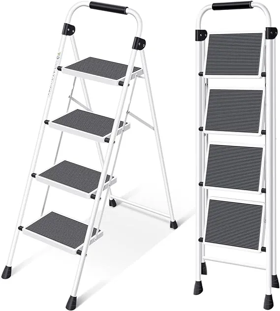 KINGRACK Step Ladder 4 Step Folding Step Stool for Adults with Handrails Heavy Duty Steel Sturdy Lightweight Collapsible Portable Step Ladder with Anti-Slip Wide Pedal,WhiteKINGRACK Step Ladder 4 Step Folding Step Stool for Adults with Handrails Heavy Du