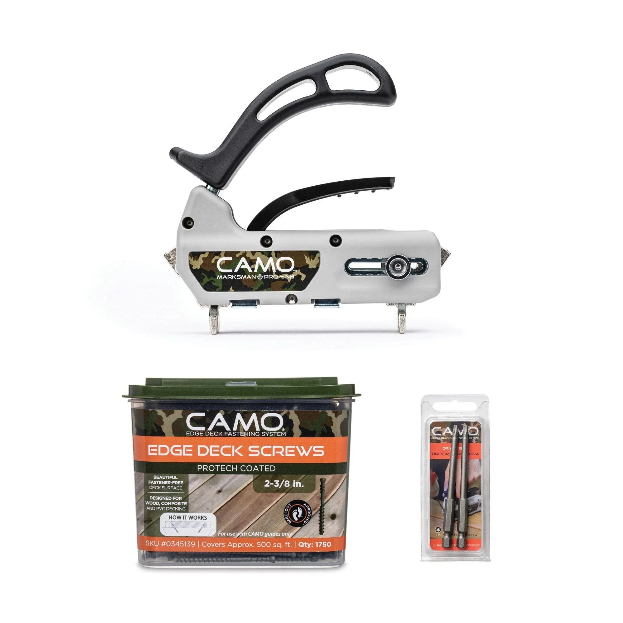 Camo Marksman Pro-NB Kit, Narrow Board Deck Tool, 1750 Edge Screws & Bits, Edge Fastening Installation, Fits 3-1/4 to 5" Boards, 3/16" Spacing