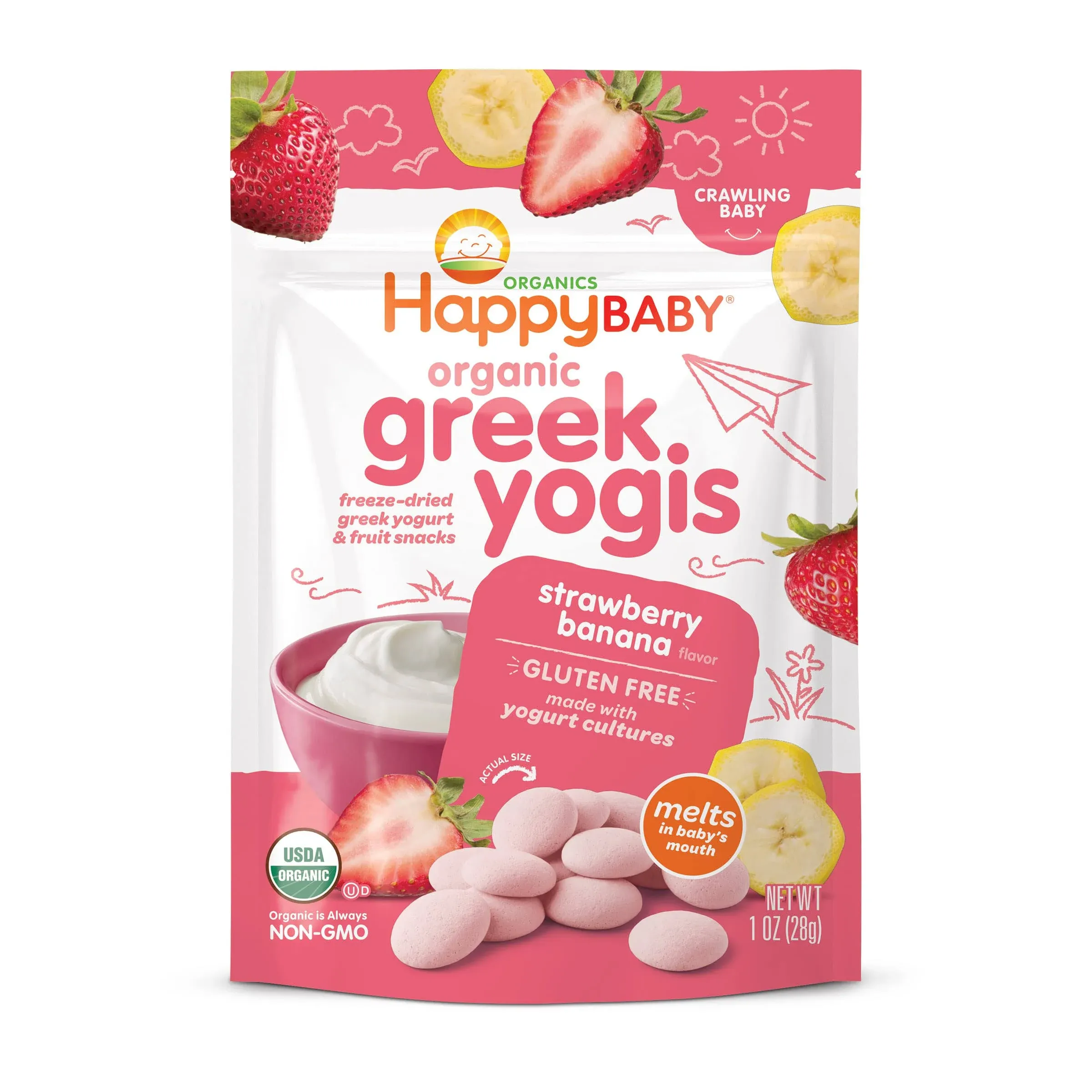 Happybaby Organics Greek Yogis, Strawberry, Banana, Crawling Baby - 1 oz