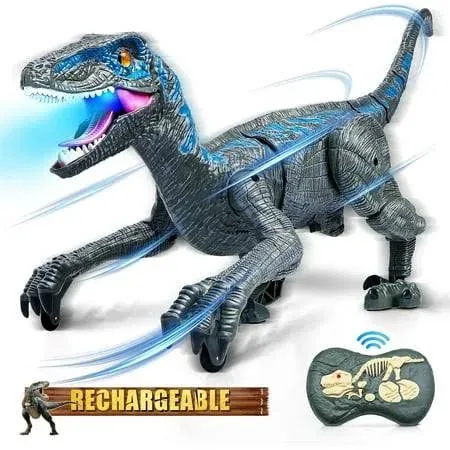 Hot Bee Remote Control Dinosaur Toys for Kids, Roaring Walking Blue Velociraptor w/ 3D Eyes RC Robot Toys, Birthday Christmas Gifts for Boys Girls 4+ Years Old