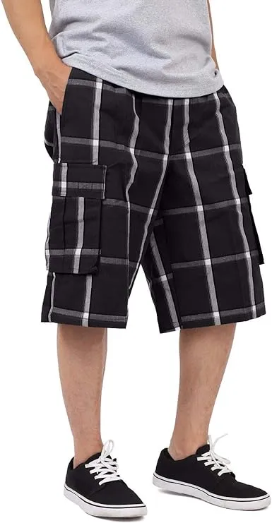 Shaka Wear Men's Cargo Shorts – Casual Plaid Relaxed Loose Fit Elastic Waist Multi Pocket Pants Regular Big S~5XL