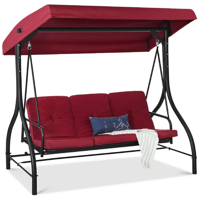 Best Choice Products 3-Seat Converting Outdoor Swing with Canopy, Burgundy