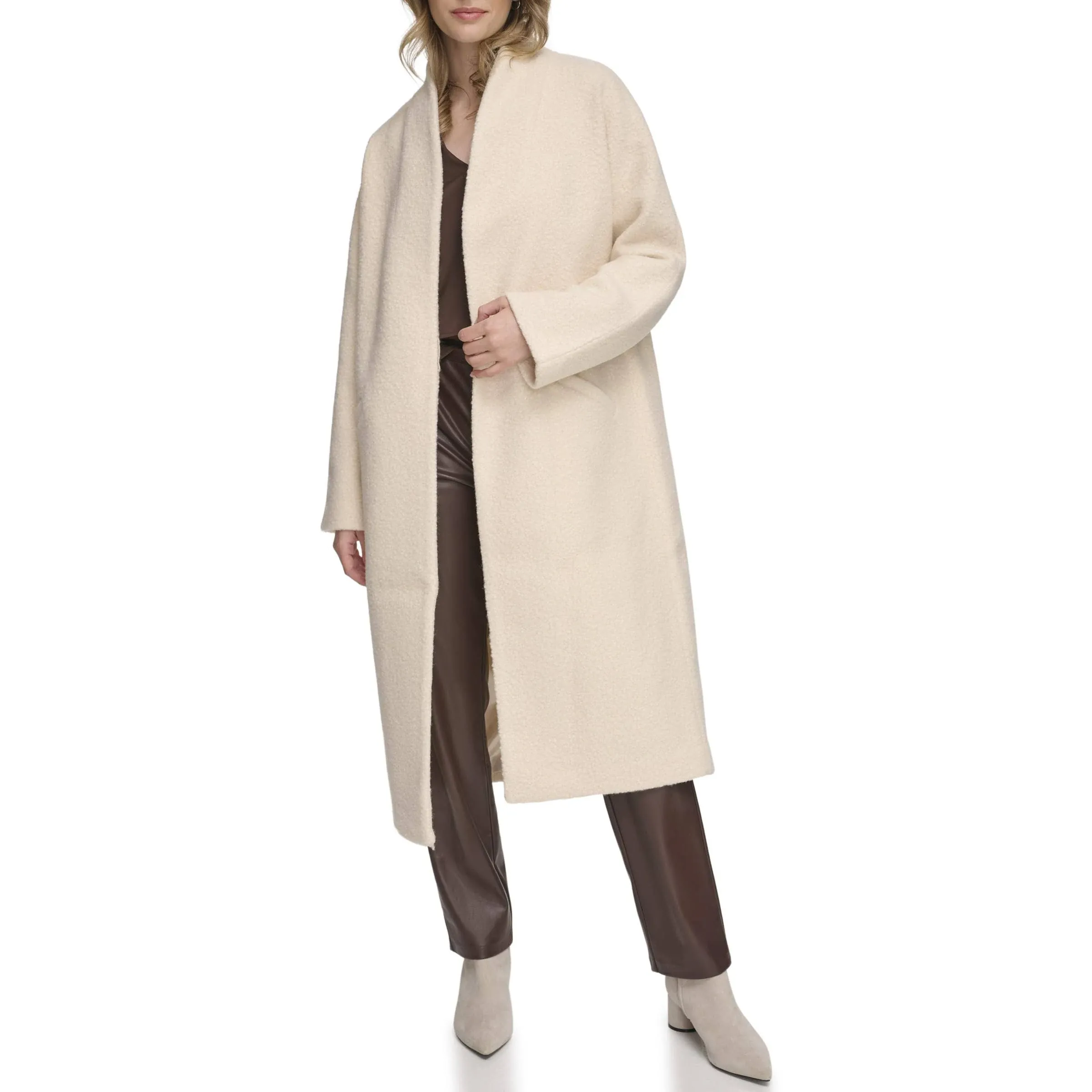 Calvin Klein Women's Belted Long Open-Front Coat, Cream, M