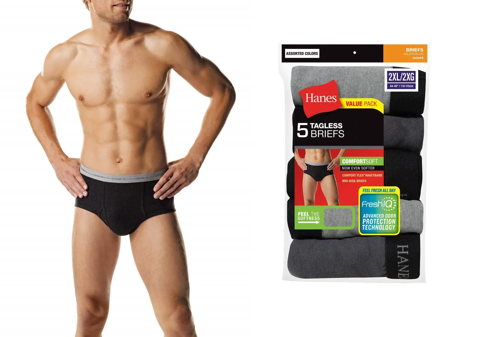 2XL HANES MEN’S BRIEFS UNDERWEAR 5 PAIR TAGLESS VARIOUS COLORS MID RISE VALUE PK