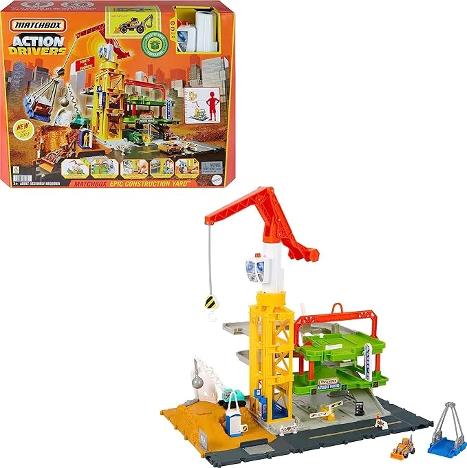 Matchbox Action Drivers Construction Playset with Lights and Sounds, 20”-Tall Mega Crane with Accessories, 1 Matchbox Construction Vehicle