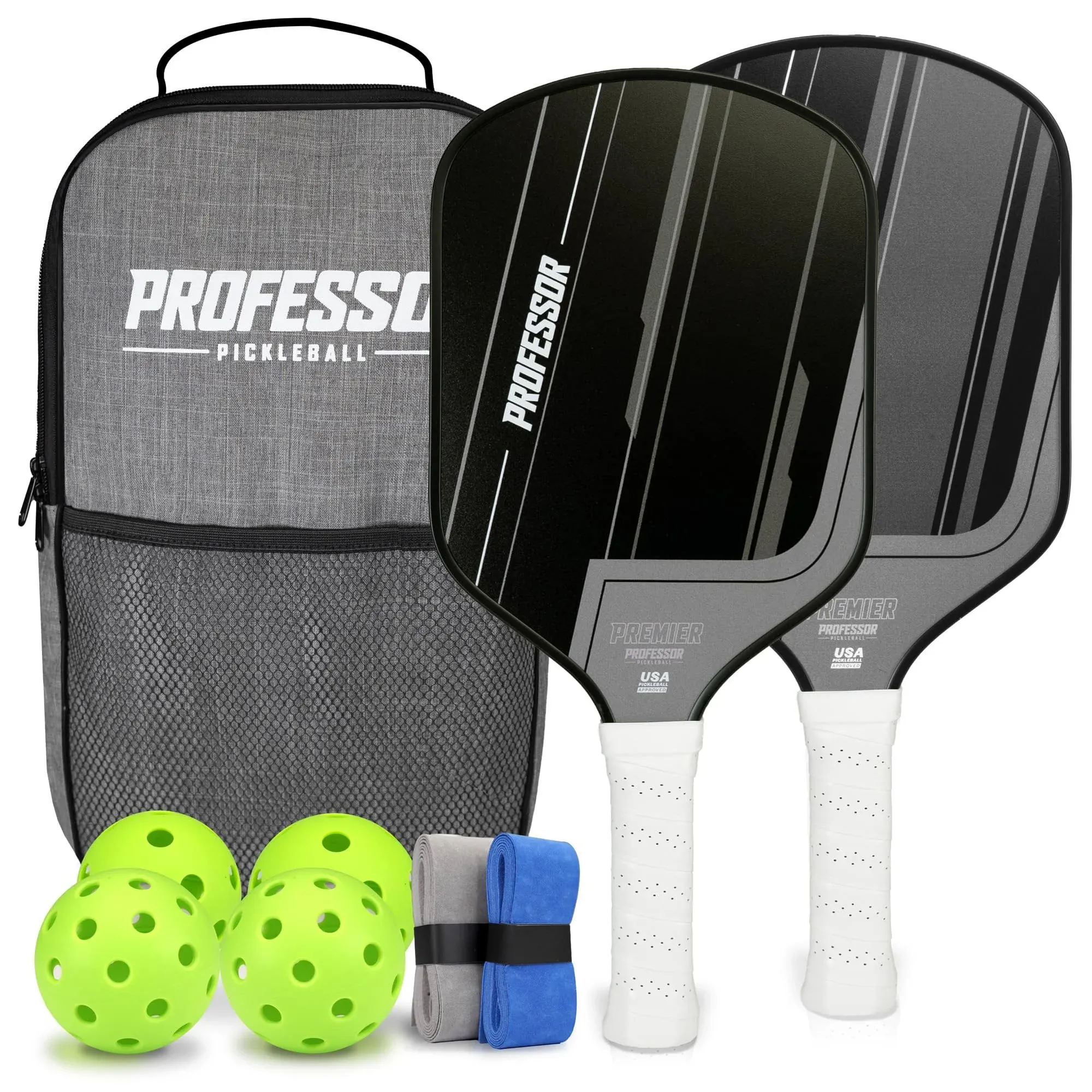 Professor Premier Pickleball Paddles, 2023 USAPA Approved Premium Pickleball Set, Fiberglass Surface Paddles with 2 Pickleball Paddles, 4 Balls, Carrying Bag, Grips