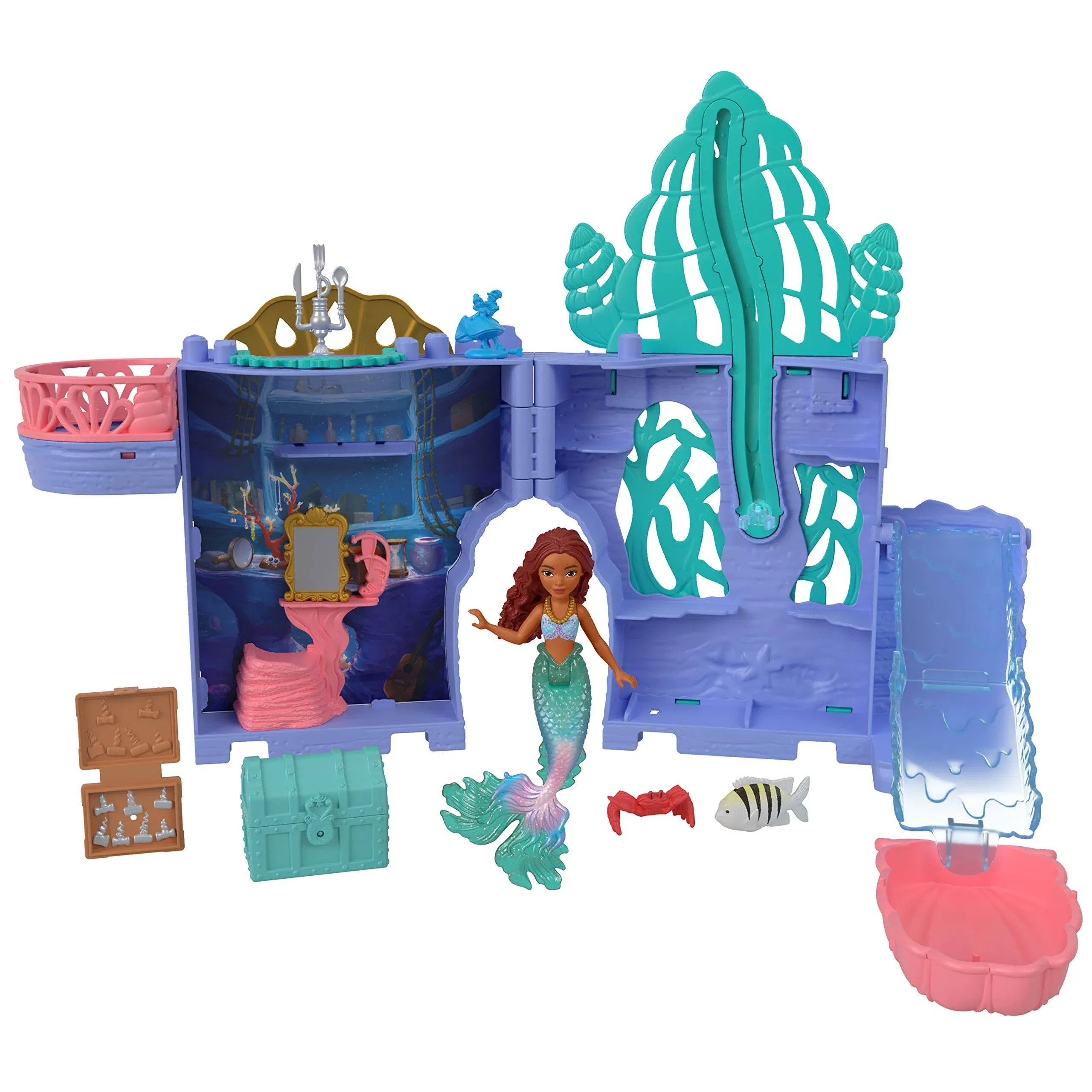 Mattel Disney The Little Mermaid Storytime Stackers Ariels Grotto Playset, Stackable Dollhouse with Small Doll and 10 Accessories, HPL54